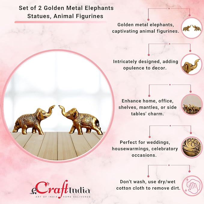 Ecraftindia Set of 2 Golden Metal Elephant Statues for Good Luck | Animal Figurines Decorative Elephant Showpieces