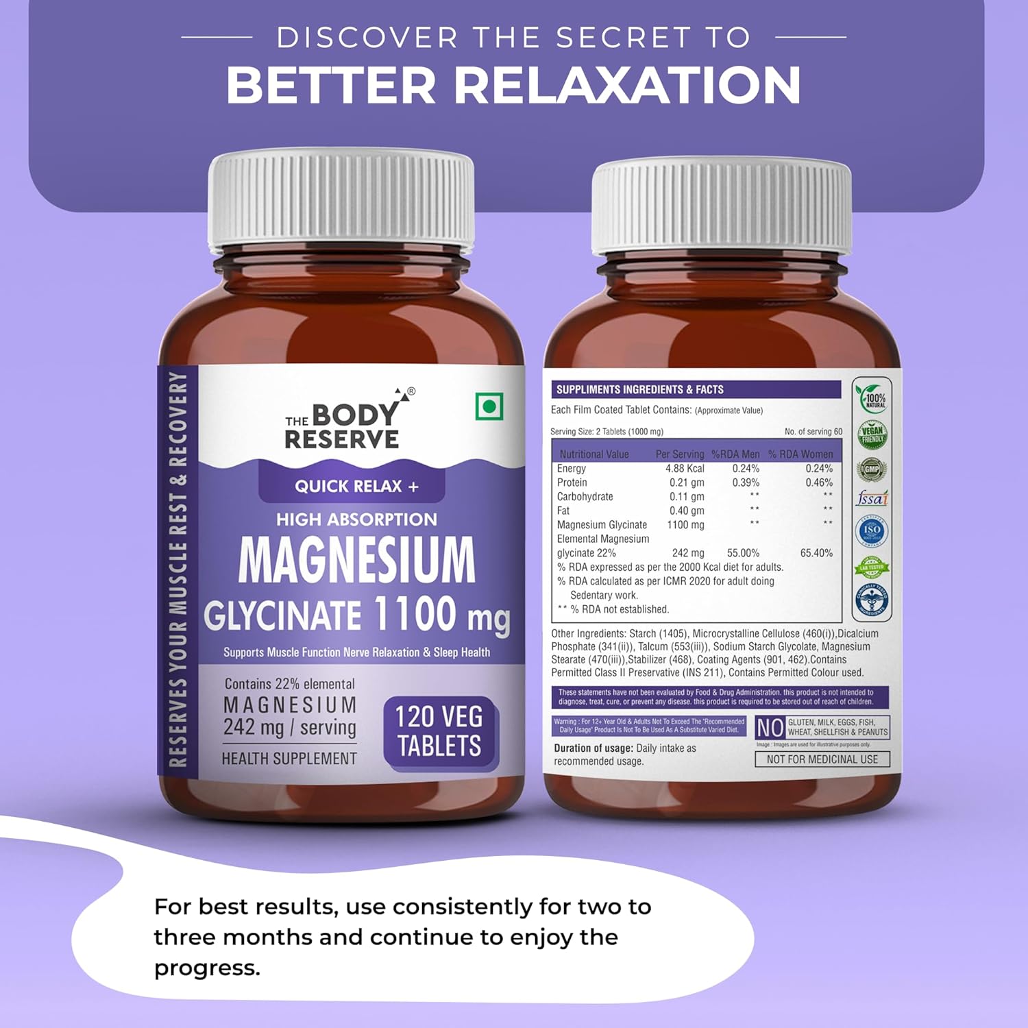 The Body Reserve Magnesium Glycinate Supplement - 120 Veg Tablets, 1100mg Per Serving, High Absorption Chelated Form - Muscle & Nerve Health, Relaxation for Men & Women
