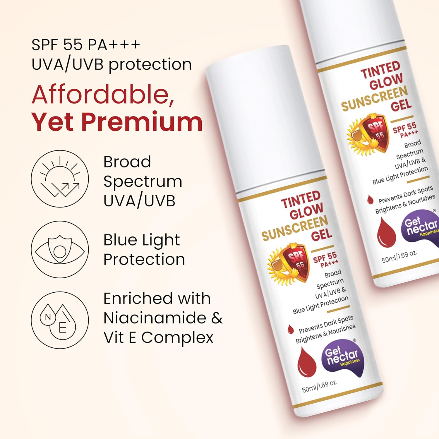 Get Nectar Happiness Tinted Sunscreen SPF 55 PA+++ | Broad Spectrum UVA & UVB Protection | Non-Comedogenic | Suitable for All Skin Types 50ml