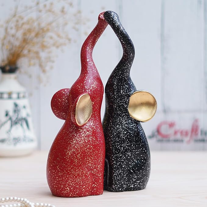 Ecraftindia Set of 2 Black & Red Cute Elephant Statues Animal Figurines Showpiece for Home Decor