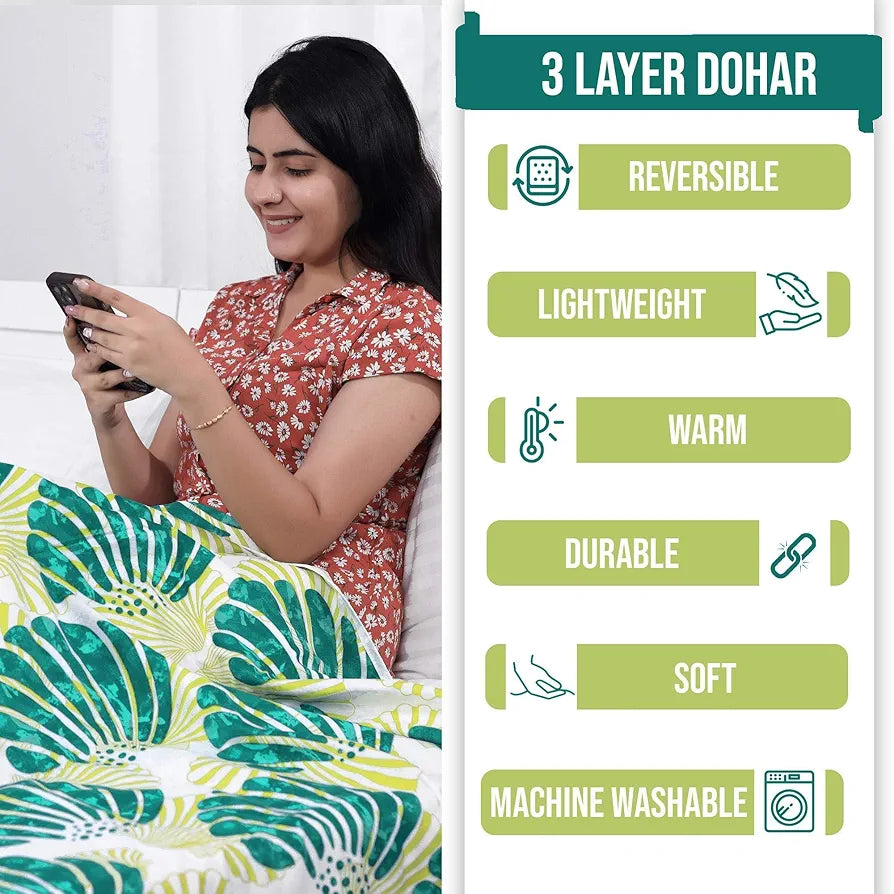 Divine Casa Glace Cotton 120 GSM Reversible Lightweight Printed Double Bed AC Dohar Blanket Quilt Colour Lime Green and Brown TC - 120