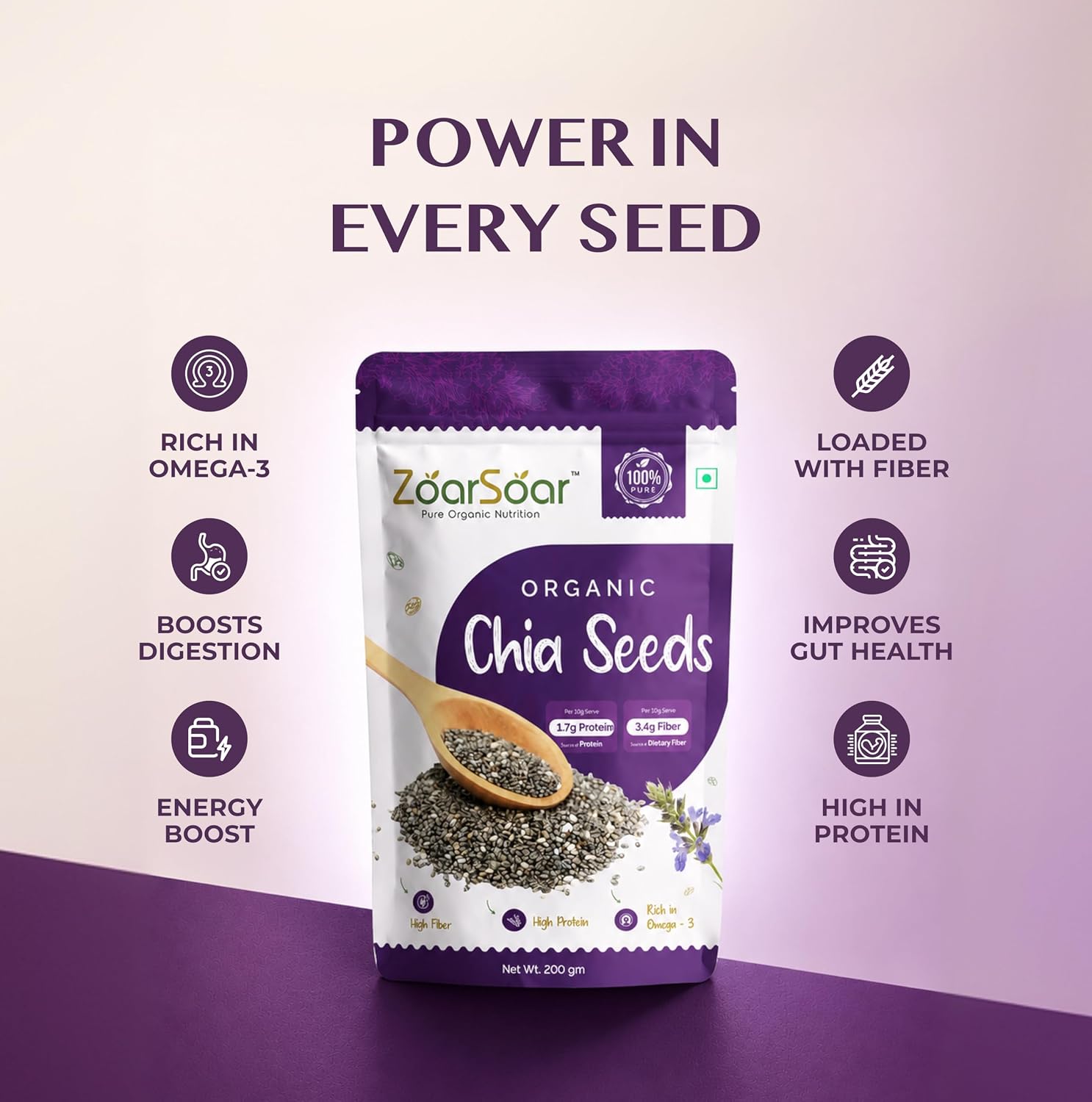 ZoarSoar Premium Raw Chia Seeds (200g) | Unpolished, Clean, Non GMO Superfood for Heart Health & Digestion | Natural Pure Omega-3, Fibre & Plant Protein Source | Organic Chia Seeds For Weight Loss