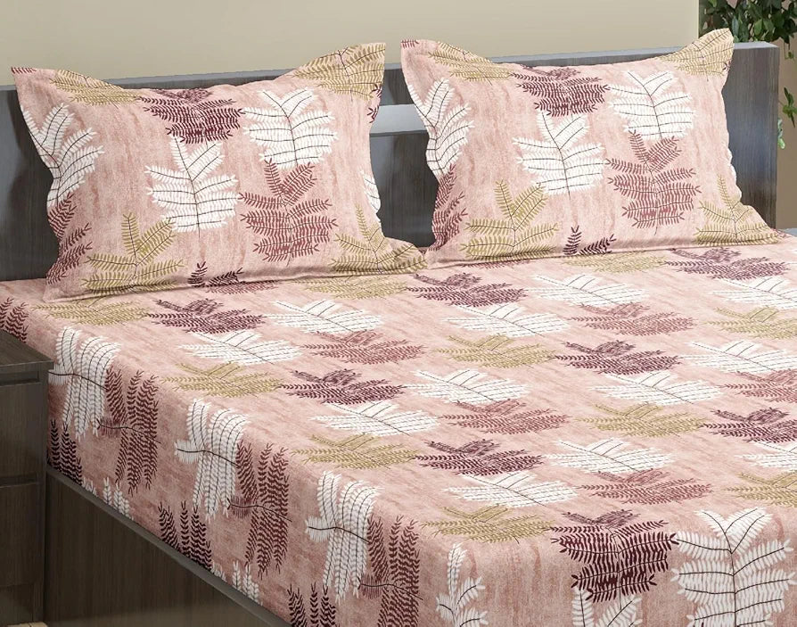 Trance Home Linen 100% Cotton 78"X60" Standard Queen Size Elastic Fitted Bedsheet Printed Queen Bed Size With 2 Pillow Covers 180 tc Colour Ferns Coral
