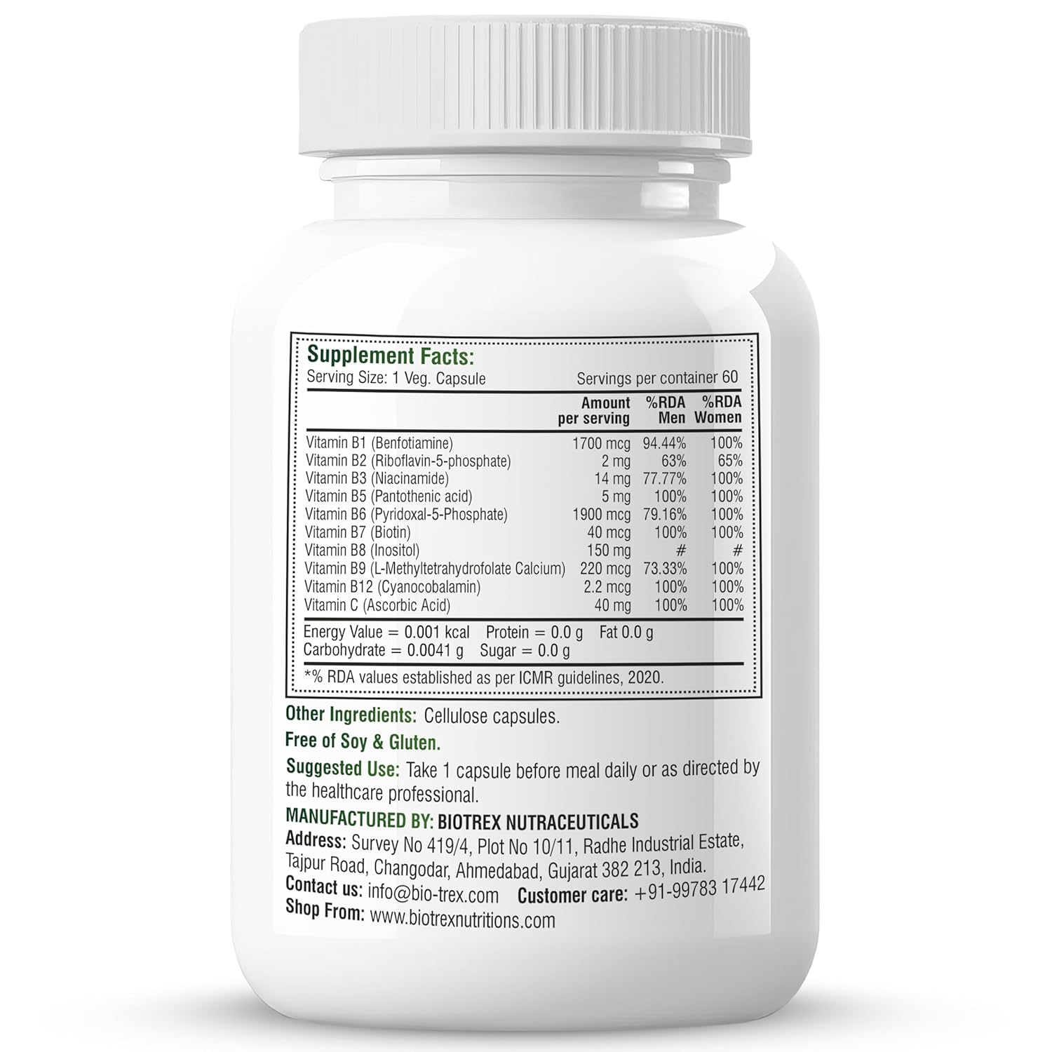 Biotrex Nutraceuticals B Complex Supplement Vitamin B1, B2, B3, B5, B6, B7, B8, B9, B12 & Vitamin C | 100% RDA | Supports Immune System | Hair, Skin & Nails Health | Daily | Brain & Nerve Support - 60 Veg Capsules