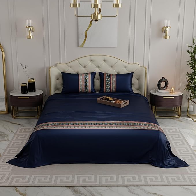 Stoa Paris Bedsheets for Double Size Bed Satin Bedsheet with 2 Pillow Covers Colour Regal Renaissance-Navy