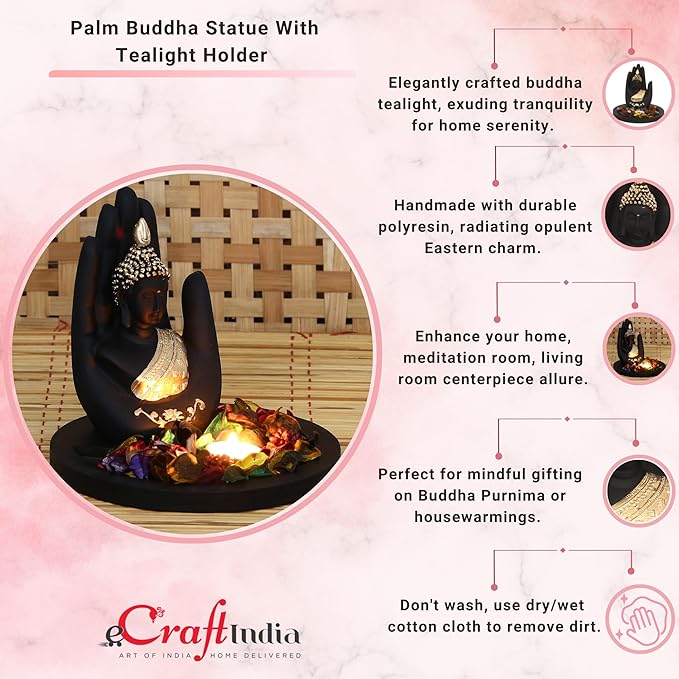 Ecraftindia Black and Golden Polyresin Palm Buddha Statue With Wooden Base | Fragranced Petals Tealight Holder