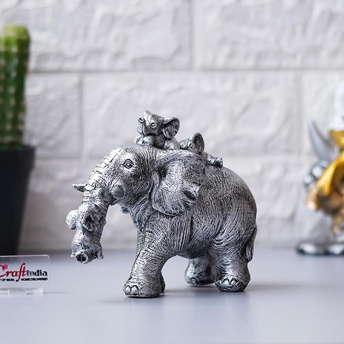 Ecraftindia Cute Silver Elephant Statue Carries Three Calves on Its Back and Trunk | Good Luck Home Decor Showpiece