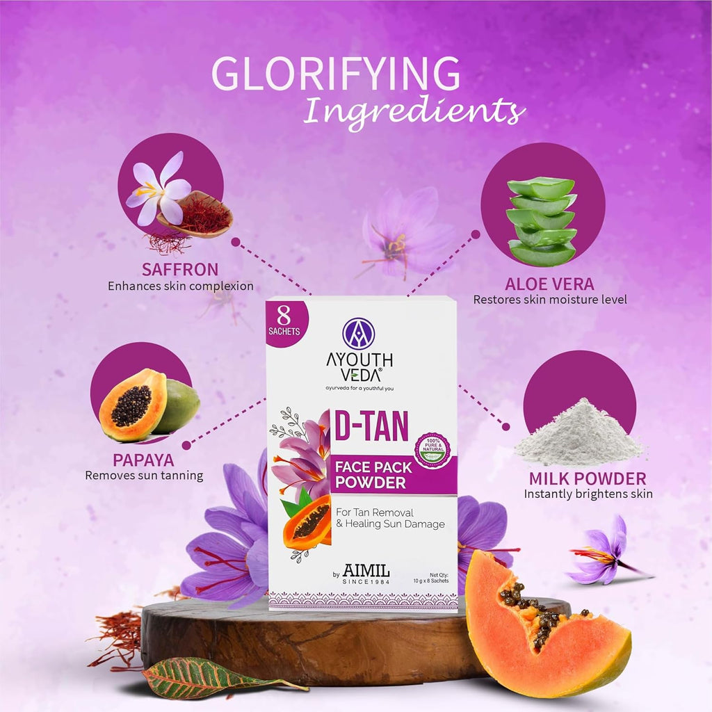 Ayouthveda D-TAN Face Pack Powder for Tan Removal, Prevents Sun Damage & Boosts Skin Health | with Goodness of Papaya, Aloevera & Saffron|For Glowing & Hydrated Skin (10gX8Sachets)(Pack of 1)