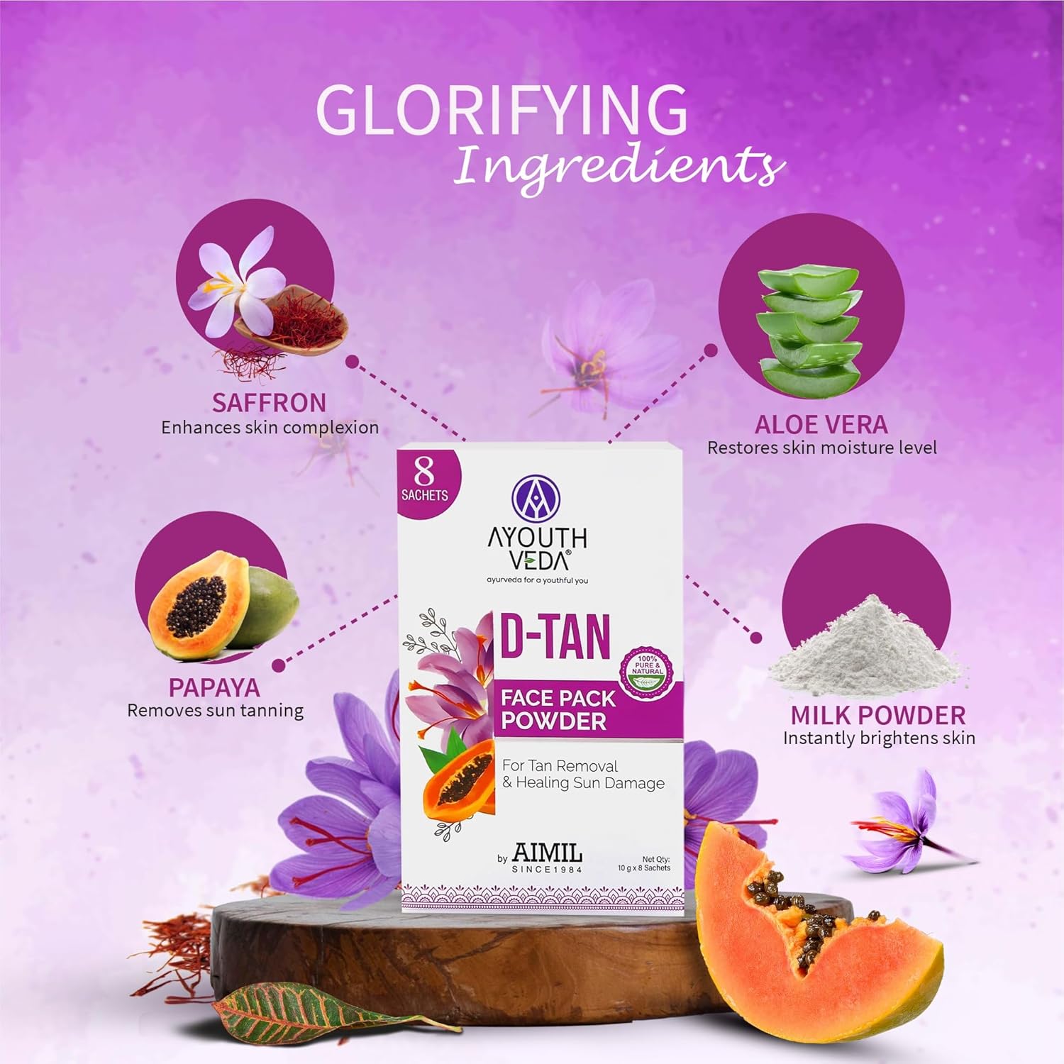 Ayouthveda D-TAN Face Pack Powder for Tan Removal, Prevents Sun Damage & Boosts Skin Health | with Goodness of Papaya, Aloevera & Saffron|For Glowing & Hydrated Skin (10gX8Sachets)(Pack of 1)