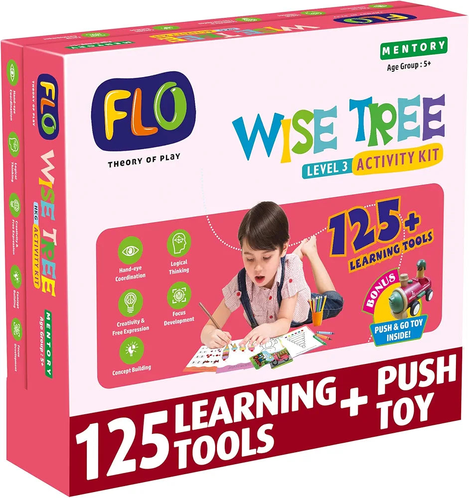 FLO Wisetree Level 3 Preschool Learning Activity Kit for Toddlers Age 5+ 125+ Early Learning Tools Birthday Gift Alphabet Flash Cards Puzzle, Push-n-go Toy