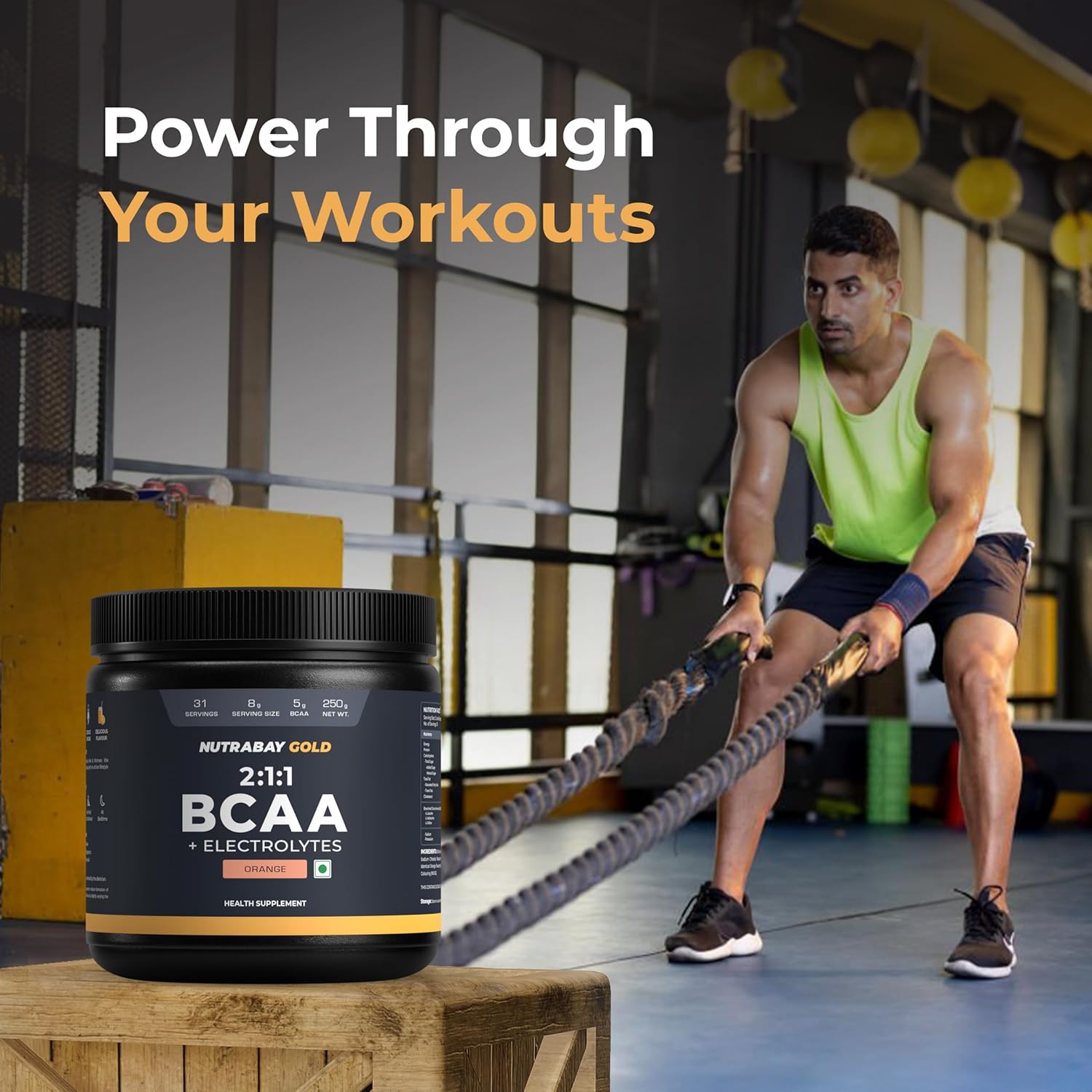 Nutrabay Gold BCAA 2:1:1 with Electrolytes 5000 mg Vegan BCAAs per Serving â€“ Pre/Post Workout Energy Drink for Muscle Build Up, Faster Recovery - Tested for Purity - No Banned Substancesâ€“ 250g, Orange