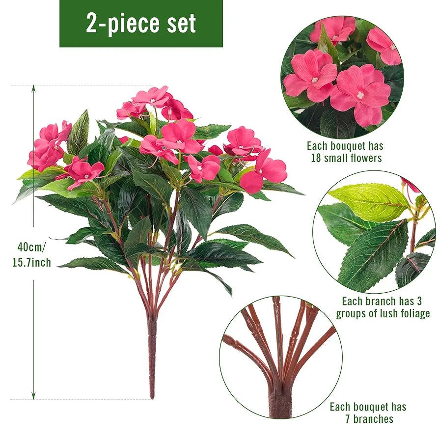 Artificial Impatiens Bouquet Flower Garden Bonsai Silk Impatiens Bouquet Rose Red-2