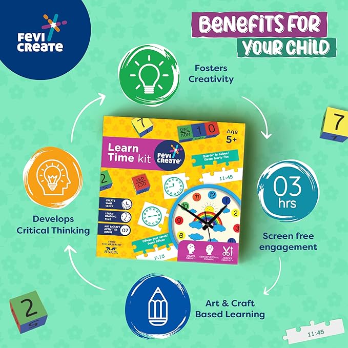Fevicreate Diy Learn Time Kit Craft Materials Provided 7 Craft Activities Board Games and Puzzles Art and Craft Kit for Kids