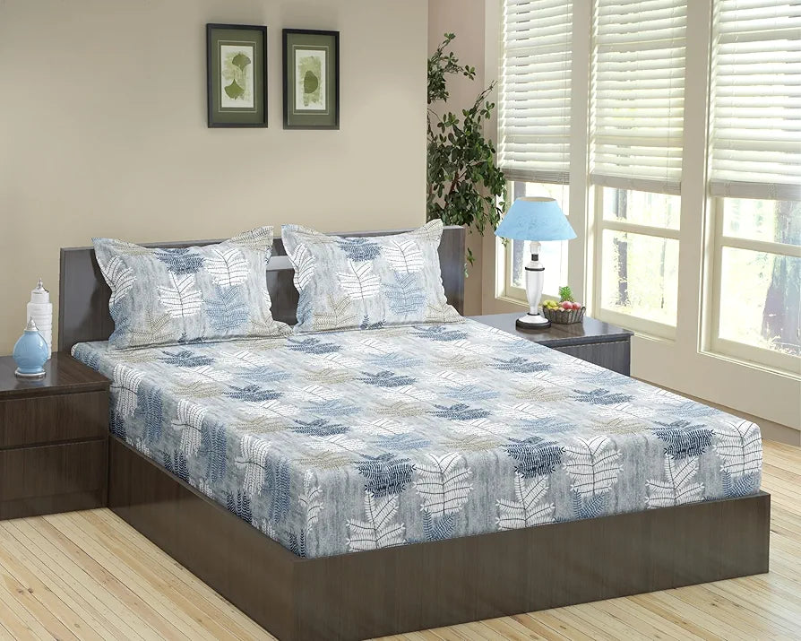 Trance Home Linen 100% Cotton 75"X60" Double Bed Size Elastic Fitted Bedsheet Printed With 2 Pillow Covers 180 tc Colour Ferns Blue