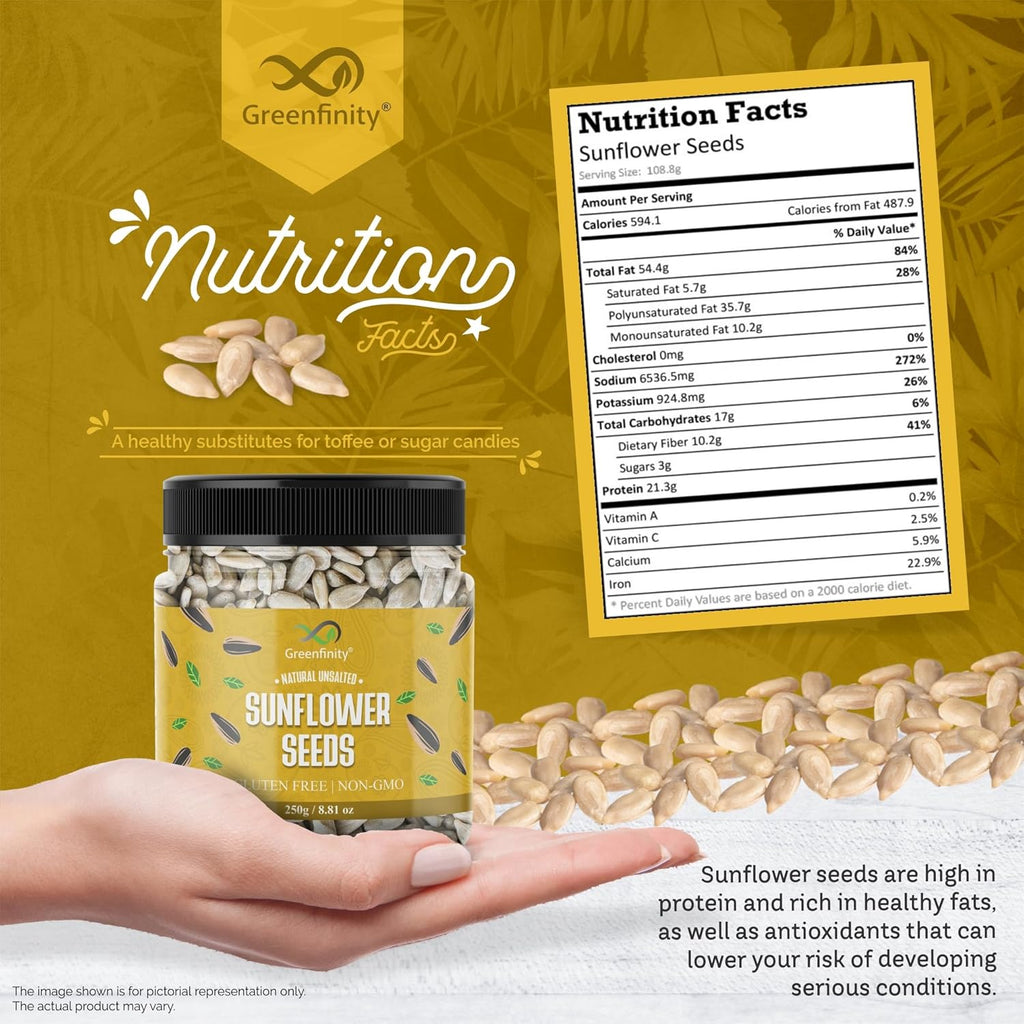 GreenFinity Raw Sunflower Seeds | Rich in Protein, Fiber, Vitamins and Antioxidants | Nutritious Diet Food for Weight Management, Healthy Snacks, Cooking, Smoothies and Salads (250g)