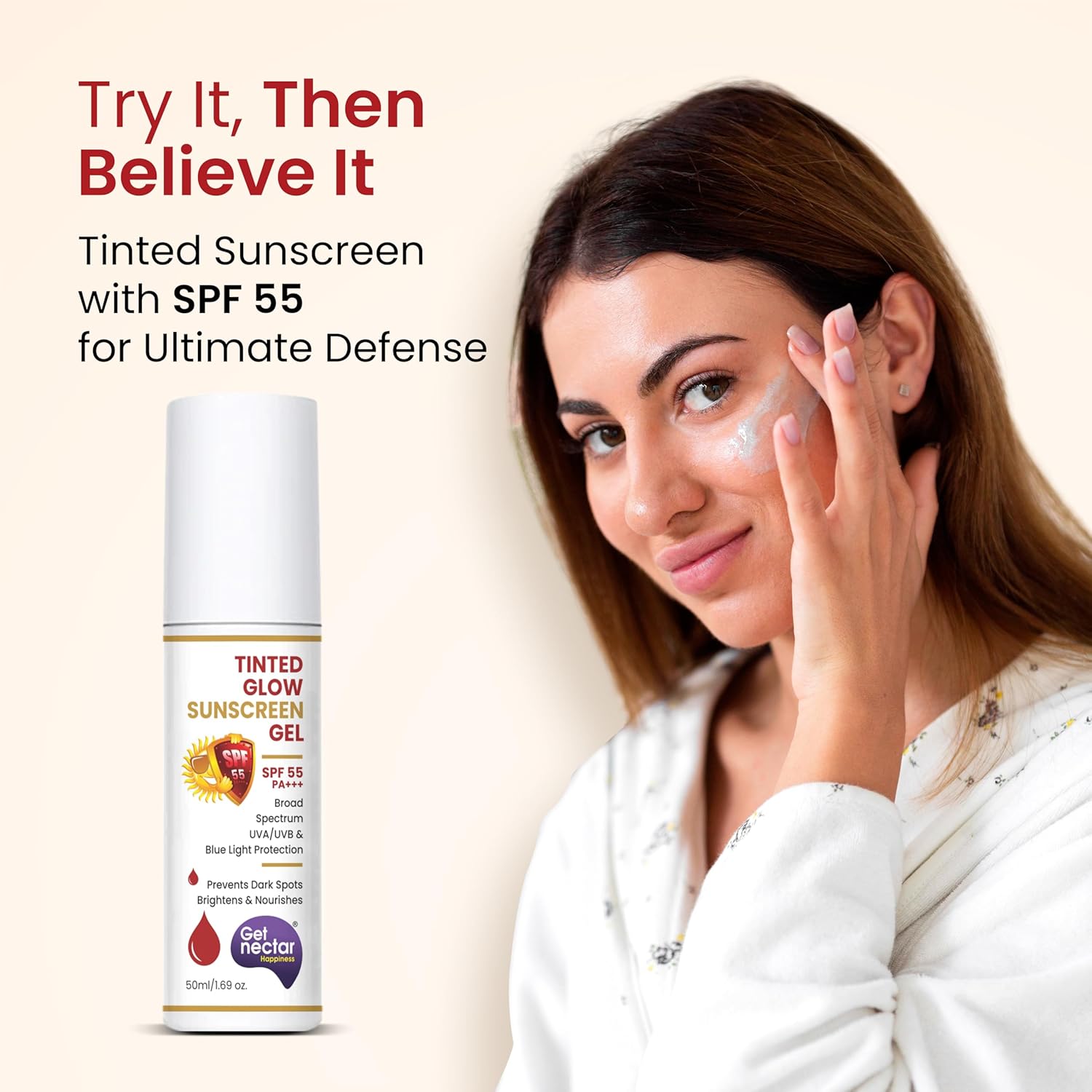 Get Nectar Happiness Tinted Sunscreen SPF 55 PA+++ | Broad Spectrum UVA & UVB Protection | Non-Comedogenic | Suitable for All Skin Types 50ml