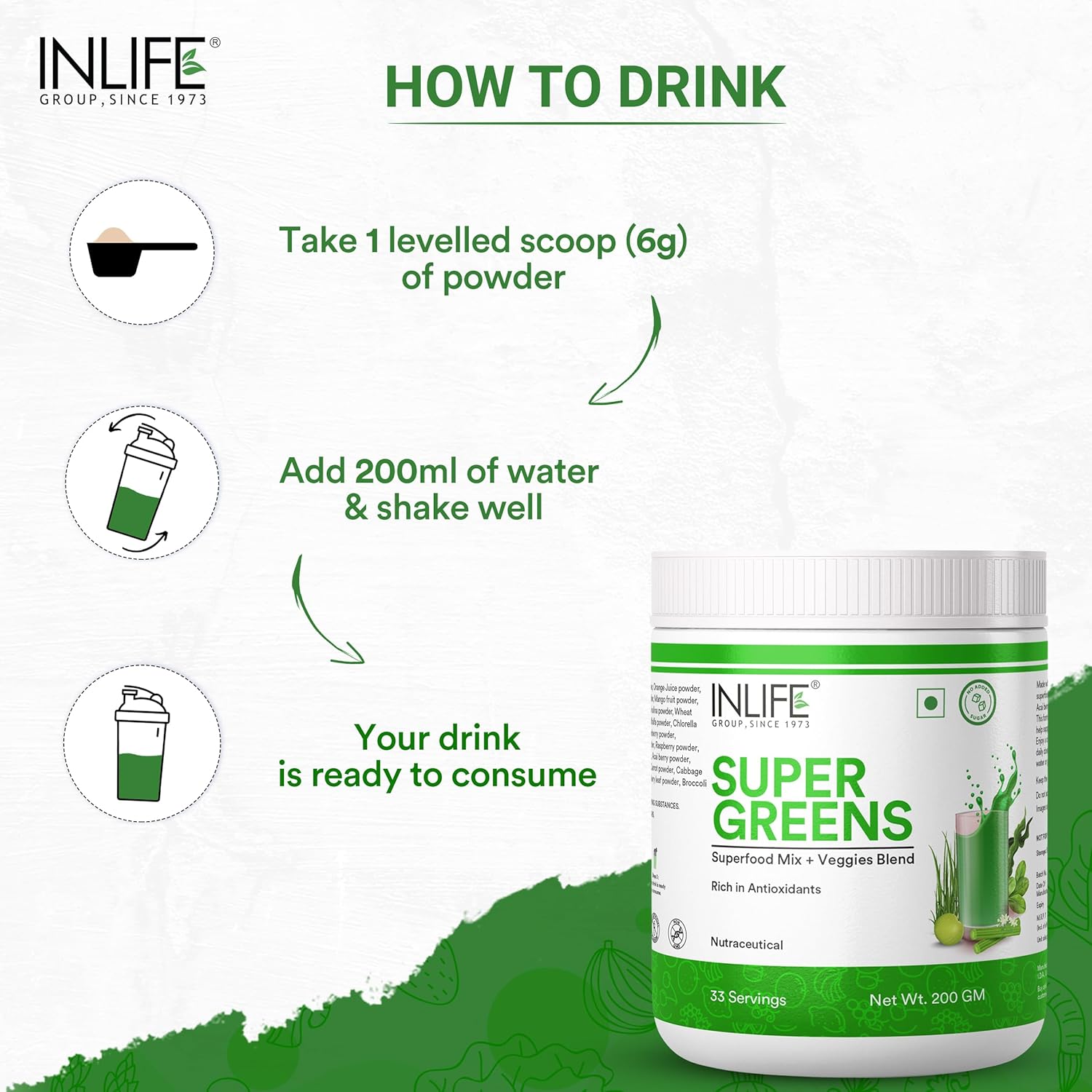INLIFE Super Greens Powder Supplement | Spirulina, Moringa, Chlorella, Alfalfa, Wheat Grass, Barley Grass Blend | - 200g