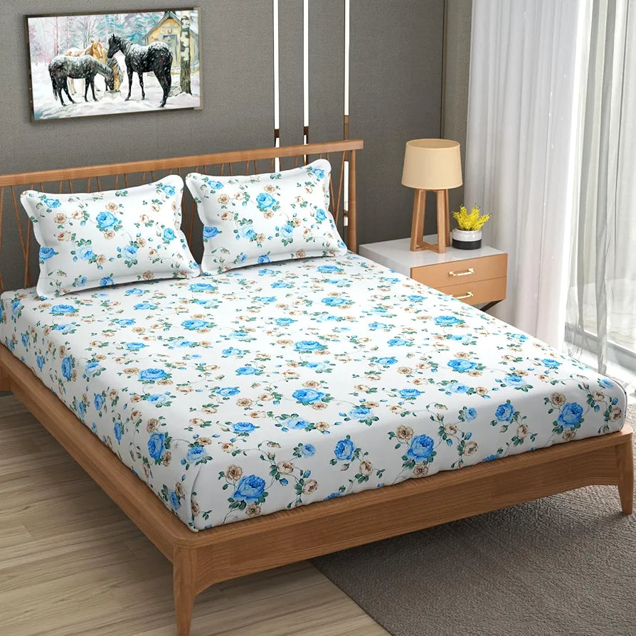 Homefab India 180 TC Glace Cotton Double BedSheet with 2 Pillow Covers Blue