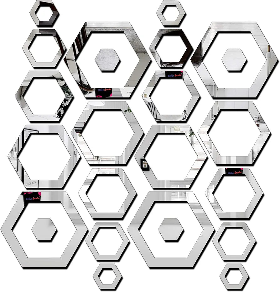 Bikri Kendra Ind Sun with 12 Hexagon Rings Silver Mirror Stickers for Wall Acrylic Sticker for Wall