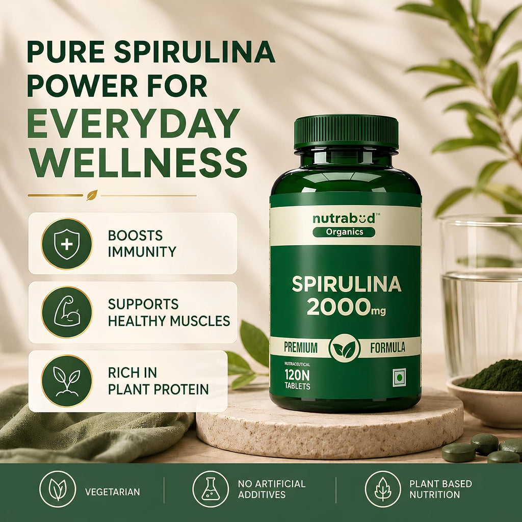 Nutrabud Spirulina Tablets 2000mg per Serving - 120 Veg Tablets - For Women, Men - Preservative & Additive Free (120 Count (Pack of 1))