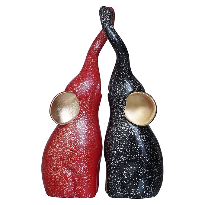 Ecraftindia Set of 2 Black & Red Cute Elephant Statues Animal Figurines Showpiece for Home Decor