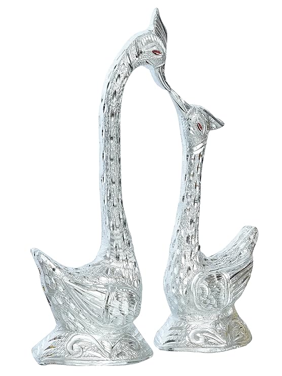 Ecraftindia 12 Inch Silver Kissing Swan Couple Handcrafted Decorative Figurine