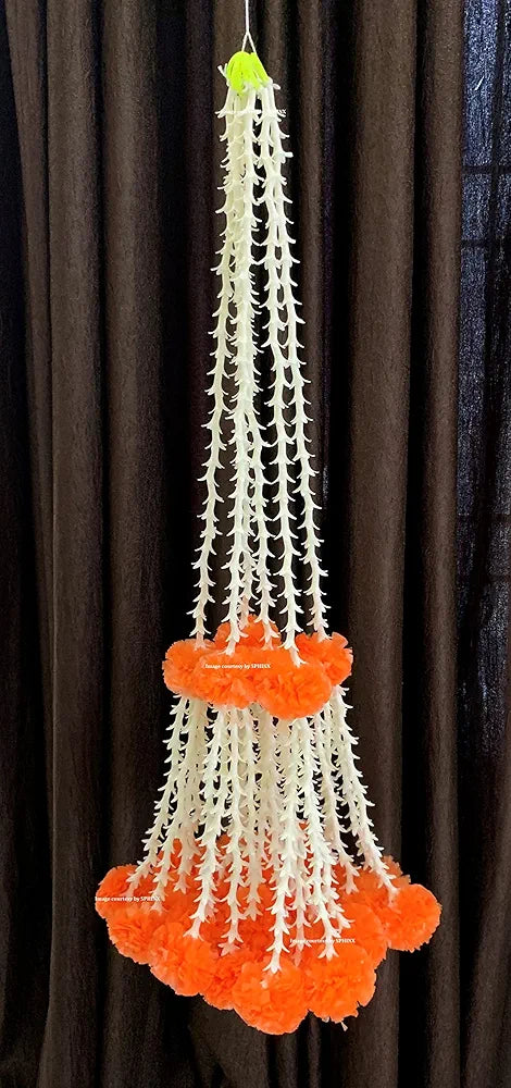 Artificial Rajnigandha & Clustered Marigold Strings 2.33 ft Dark Orange
