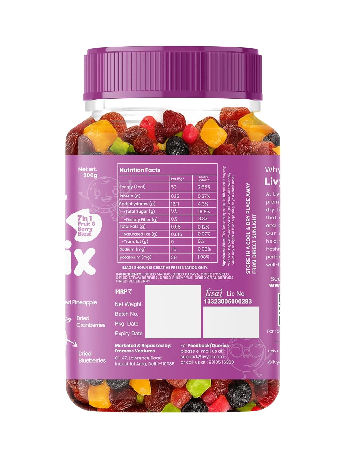 Livyor 7 in 1 Dried Fruits and Berry Mix for eating | Good Source of Fibre | Dried Cranberries | Pineapple | Pamelo | Papaya | Blueberries | Strawberries | Mango | Fruits & Berry Blast | Berries dry fruits | Berries fresh | Pack of 1