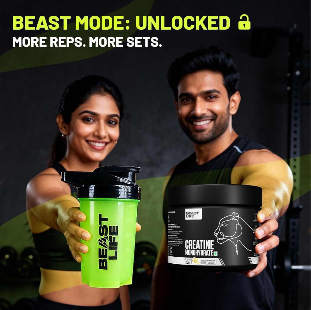 BeastLife Micronised Creatine Monohydrate with Free Shaker | 125g | 33 Servings | Shikanji | NABL Lab Tested | Rapid Absorption for Muscle Strength & Athletic Performance | Super Micronised Creatine Powder