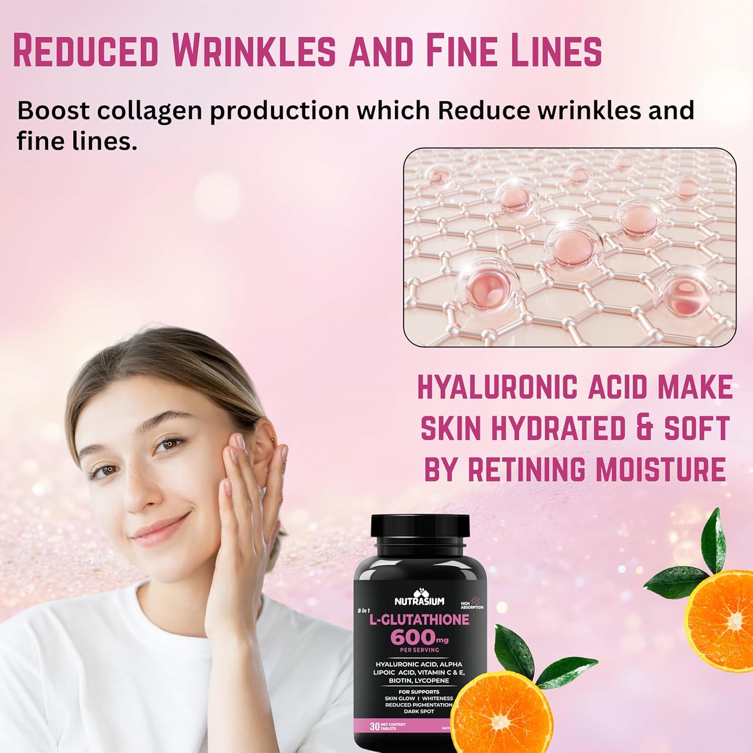 Nutrasium L-Glutathione 600 mg with Hyaluronic Acid & Biotin | For Skin Glow, Brightening, Hydration, & Skin Radiance, Reduce Dark Spot & Pigmentation | 30 Tablets