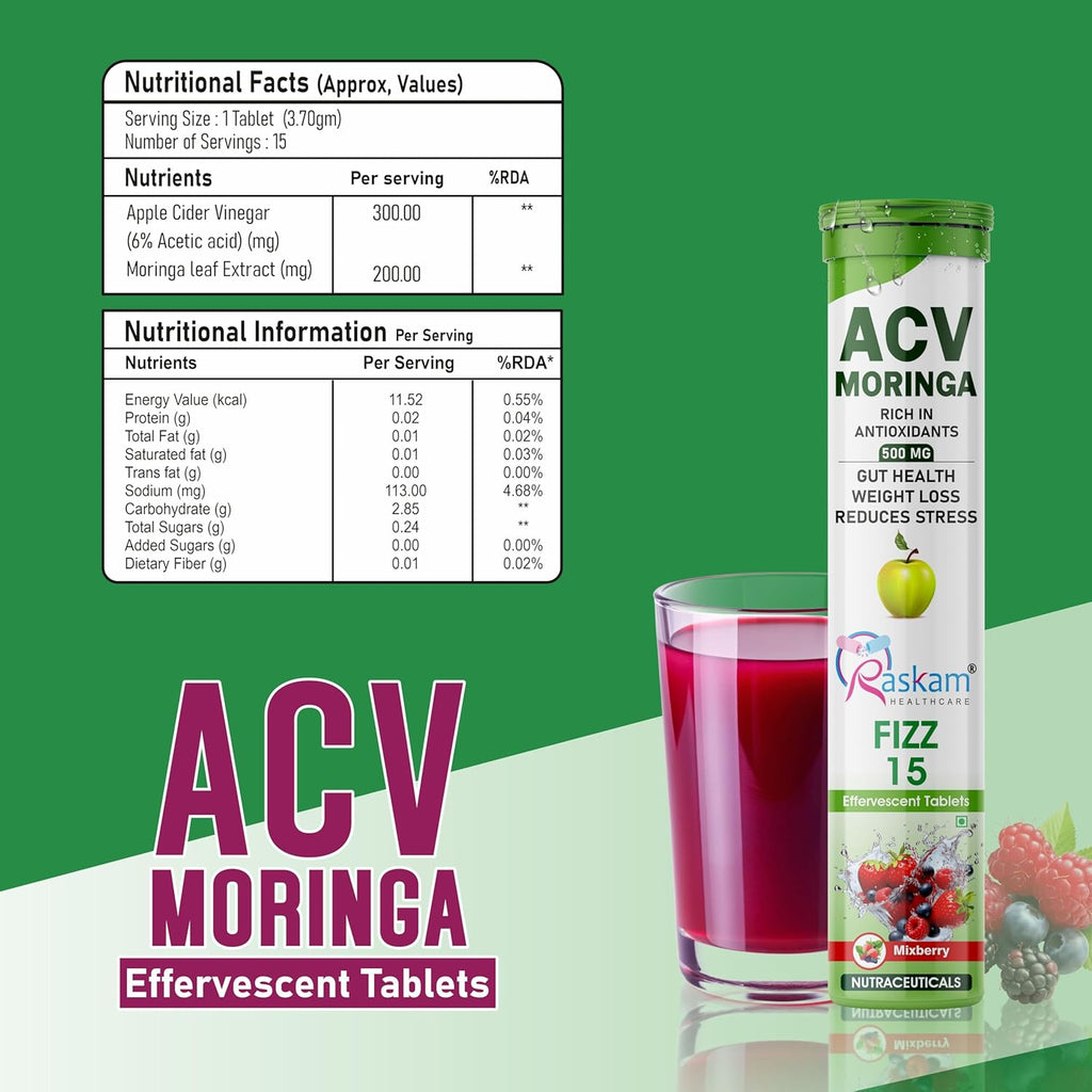 ACV Moringa Effervescent Tablets | Fizz 15 Tablets in Mixberries Flavour | Natural Energy & Immunity Booster with Antioxidants to Control Cravings | 500mg (Pack of 1)