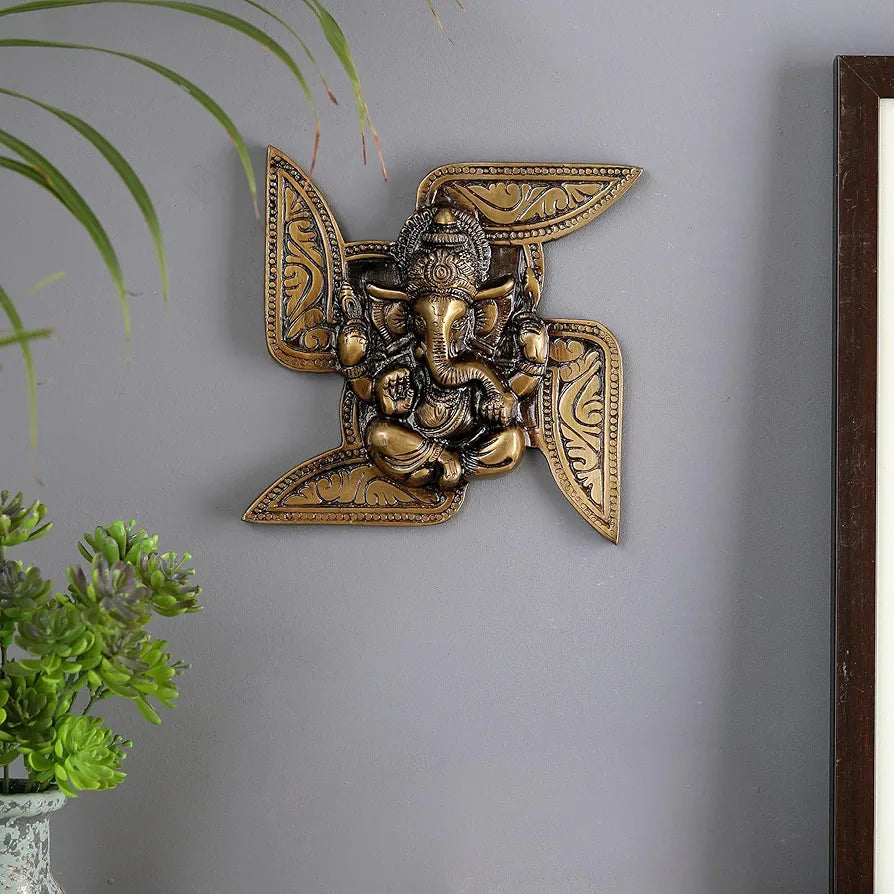 Two Moustaches Brass Ganesha Swastika Wall Hanging Brass Ganesha