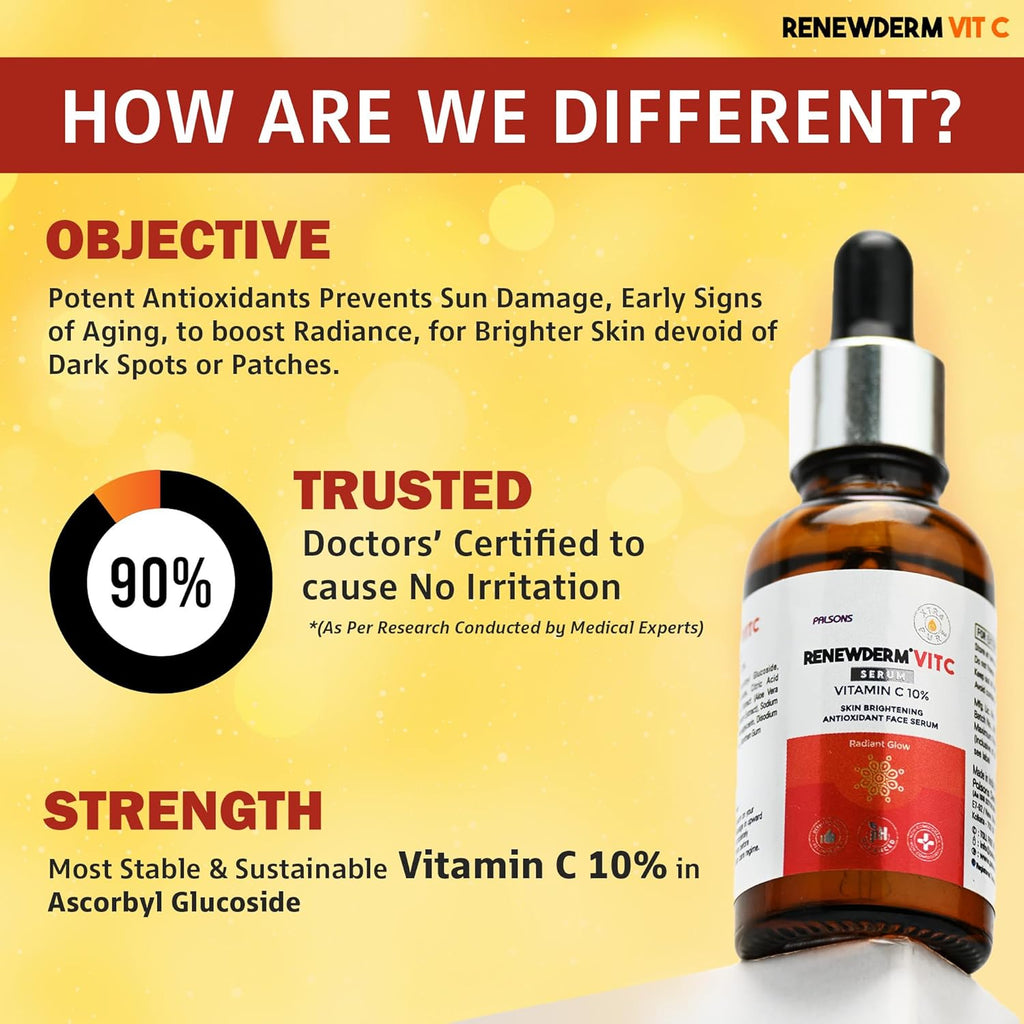 RENEWDERM Vit C Serum Skin Brightening Antioxidant with Vitamin C 10% | Reduces Dark Spots I For Glowing Skin | With Vitamin-C, Aloe Vera & Mulberry Extract, 30ml