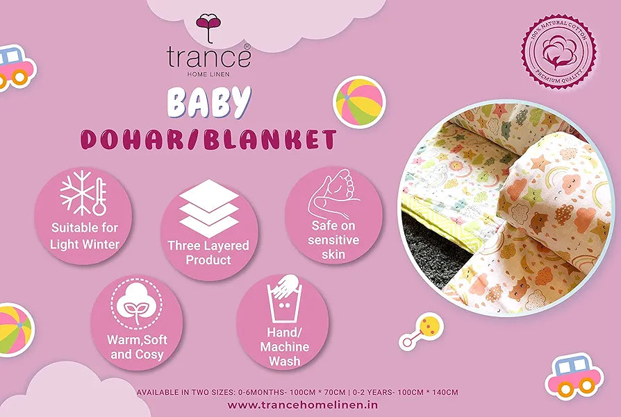 Trance Home Linen Pure Malmal Cotton Multipurpose Baby Dohar 3-Layered Baby Swaddle Blanket Colour Yellow White Abstract Leaves