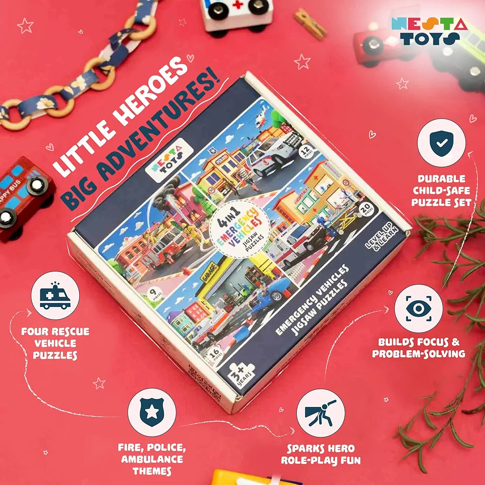 Nesta Toys Floor Puzzle & Game 4 in 1 Jigsaw Puzzle Emergency Vehicles Educational Toy Gifts for Boys & Girls Ages 2, 3, 4, 5, 6 Years Car Toys for Kids