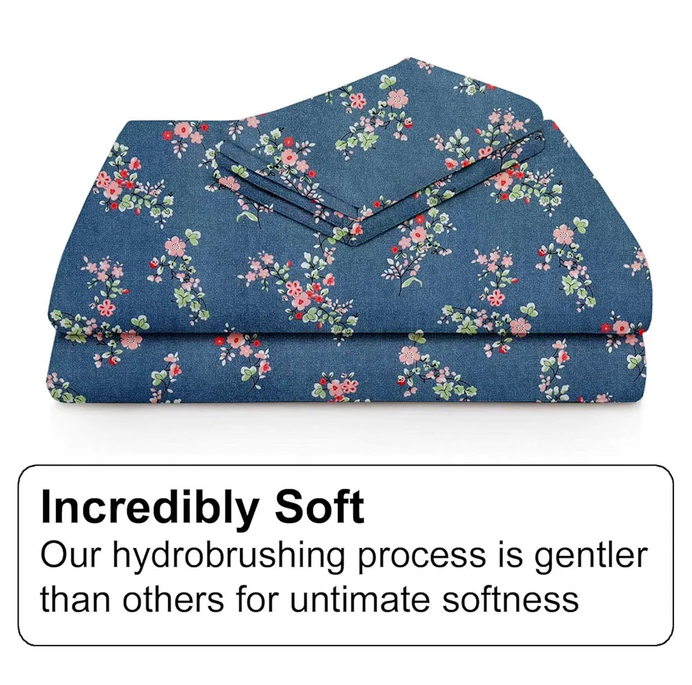 Fresh From Loom Anti Fade Floral Print 240 TC Microfiber King Size Fitted Bedsheet with 2 Pillow Covers Greyish-Blue