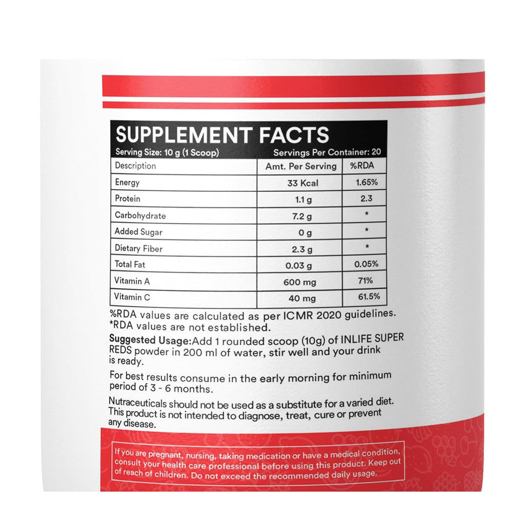 INLIFE Super Reds Powder | Antioxidant-Rich Superfood Supplement Drink Mix | 20 Super Fruits, Beets & Berries | Energize with Powerful Antioxidants Supports Energy 200g (Super Reds)