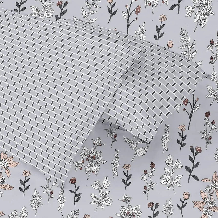 Trance Home Linen 100% Cotton 180 TC 78"X72" Standard King Size Elastic Fitted Bedsheet Printed King Bed Size With 2 Pillow CoversSlate Colour Blue Carnations