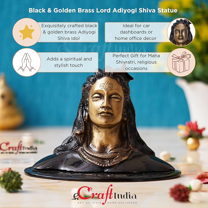 Ecraftindia Black and Golden Brass Lord Adiyogi Shiva Statue | Shiv Murti | Shiva Idol
