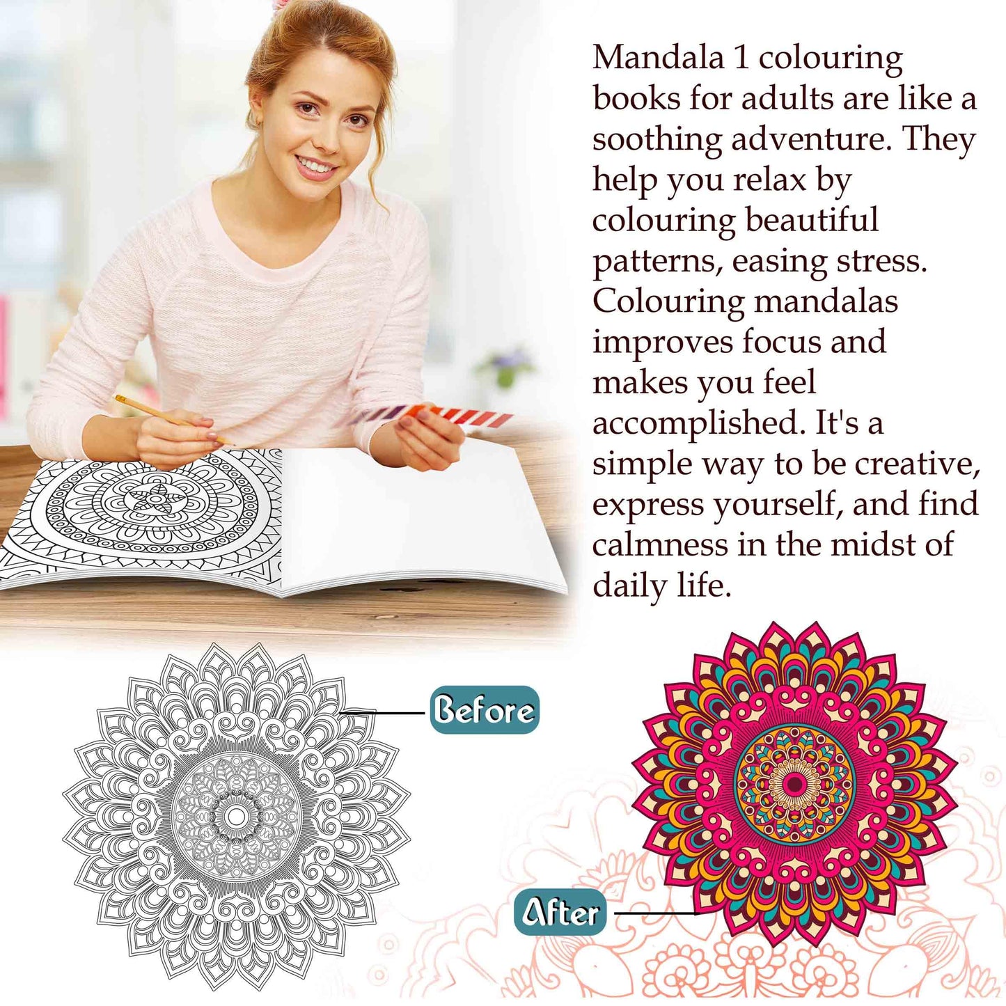 Art Therapy Mandala Adult Colouring Book 1: Mandala Colouring Book, Adult Coloring Book Kit With 12 Sketch Pens, Fun For Adults, Relaxing Coloring Workbook