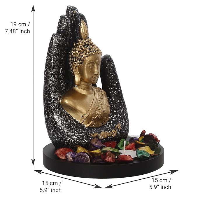 Ecraftindia Black Golden Resin Palm Buddha Statue Tea Light Holder | Lord Buddha Statue for Living Room
