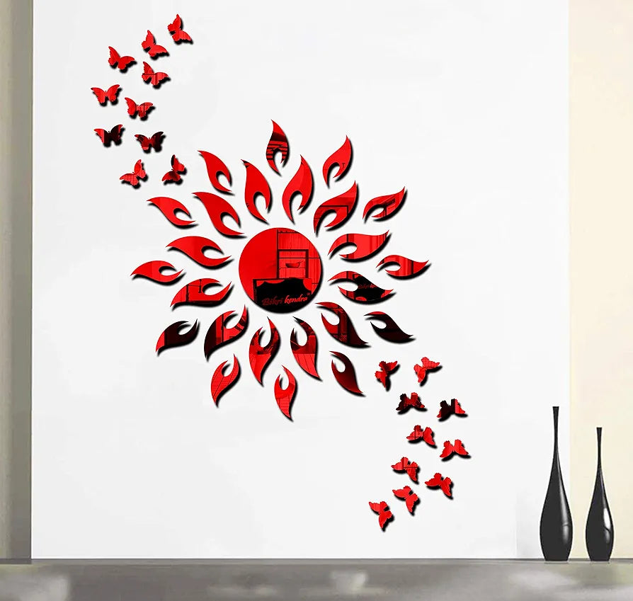 Bikri Kendra Sun Red with 20 Black Butterfly 3D Acrylic Mirror Stickers for Wall