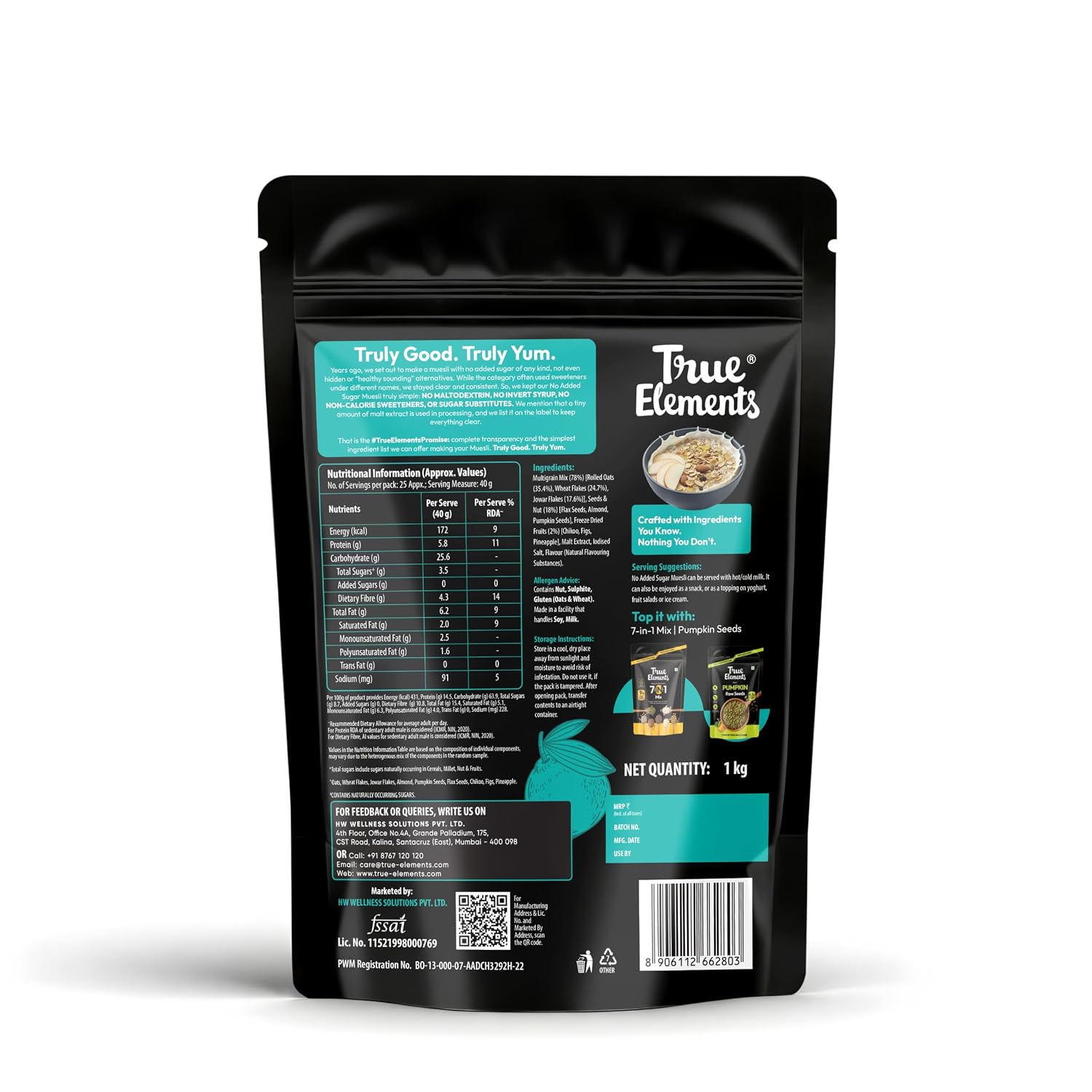 True Elements No Added Sugar Muesli 1kg - Protein muesli -14g protein per 100g | Clean Label Breakfast Cereal | No hidden sugar | Millet Muesli with Jowar | High Fibre