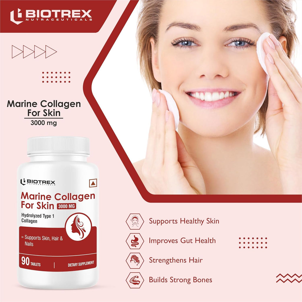 Biotrex Nutraceuticals Marine Collagen 3000mg Peptides With Biotin, Hyaluronic Acid, Vitamin C & E, Type 1 Marine Collagen, Healthy Hair, Skin, Nails, For Men & Women - 90 Tablets