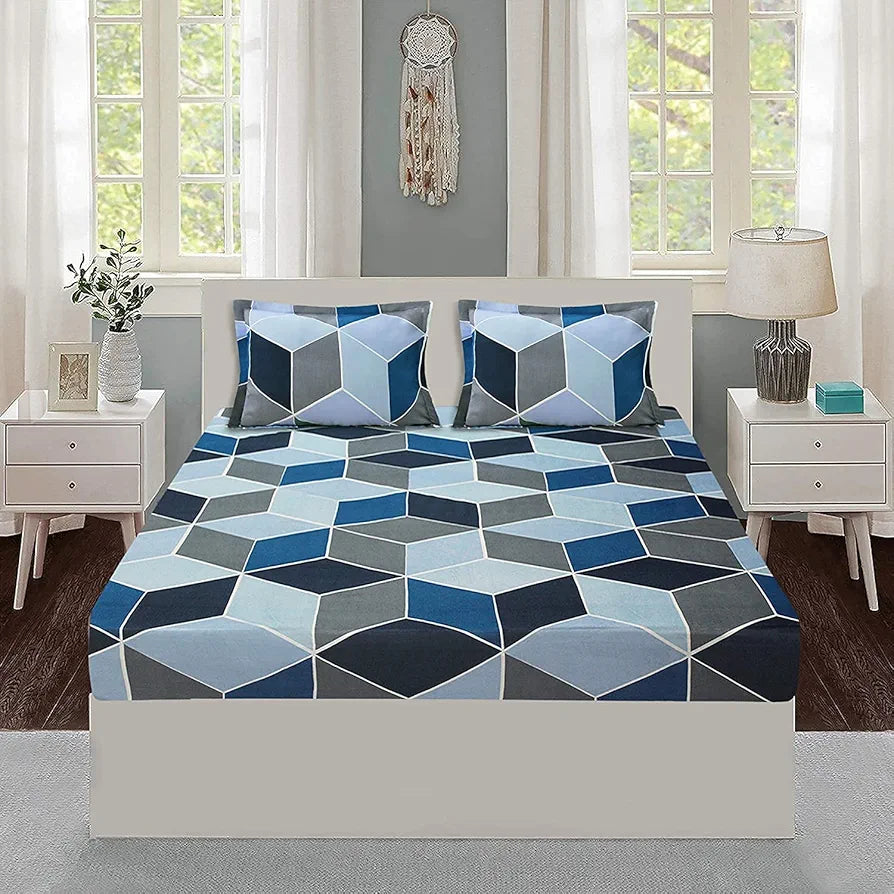 The Home Style Cotton Feel Glace Cotton All Around Elastic Fitted Printed King Size Double Bed Bedsheet With 2 Pillow Cover,300 TC Blue Berry