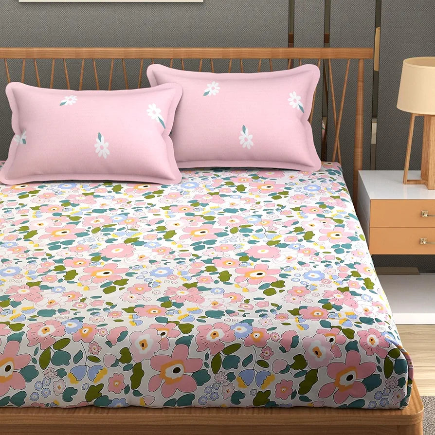 Homefab India 210 TC Glace Cotton King Size BedSheet with 2 Pillow Covers Floral Pink