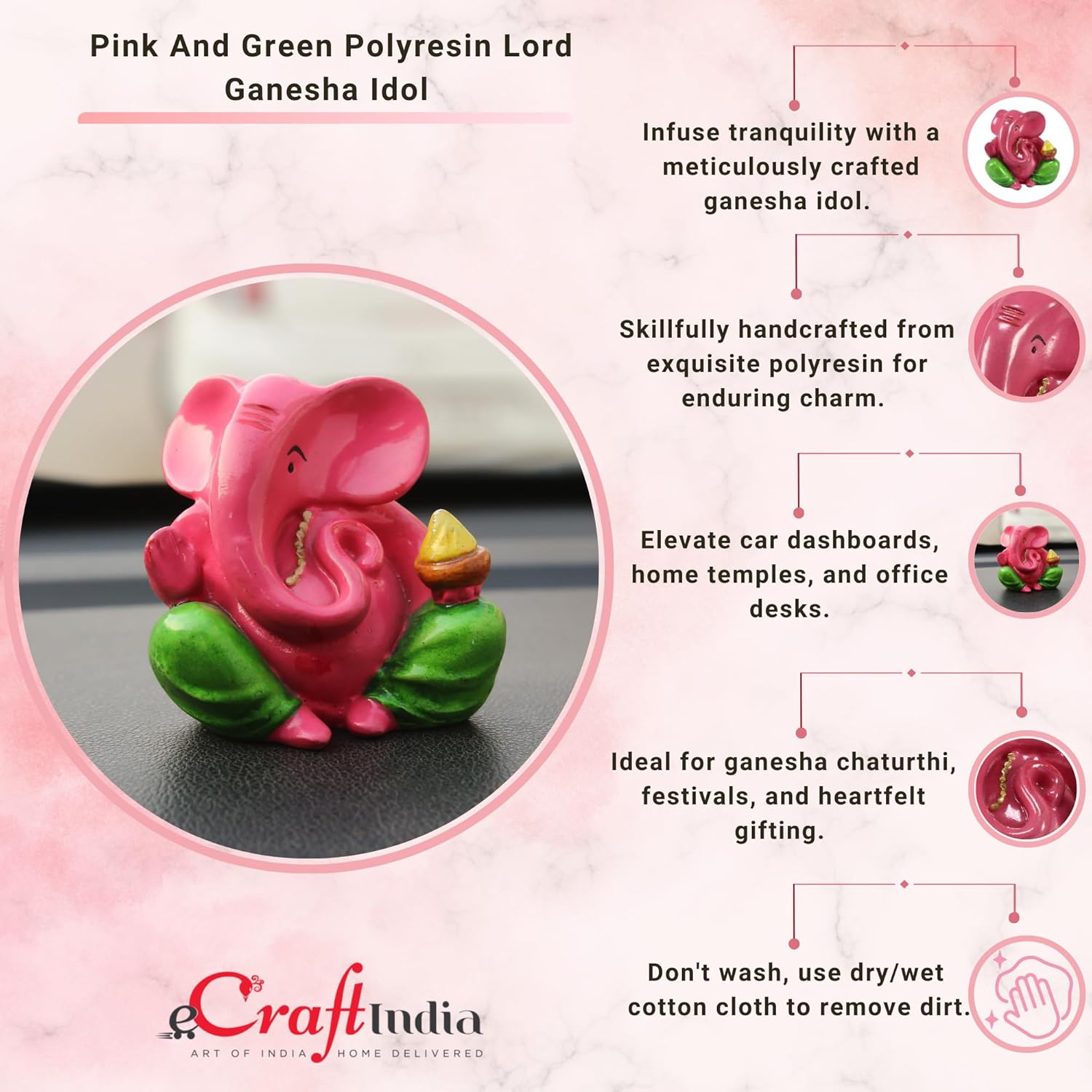 Ecraftindia 'Decorative Lord Ganesha' Showpiece | Pink and Green