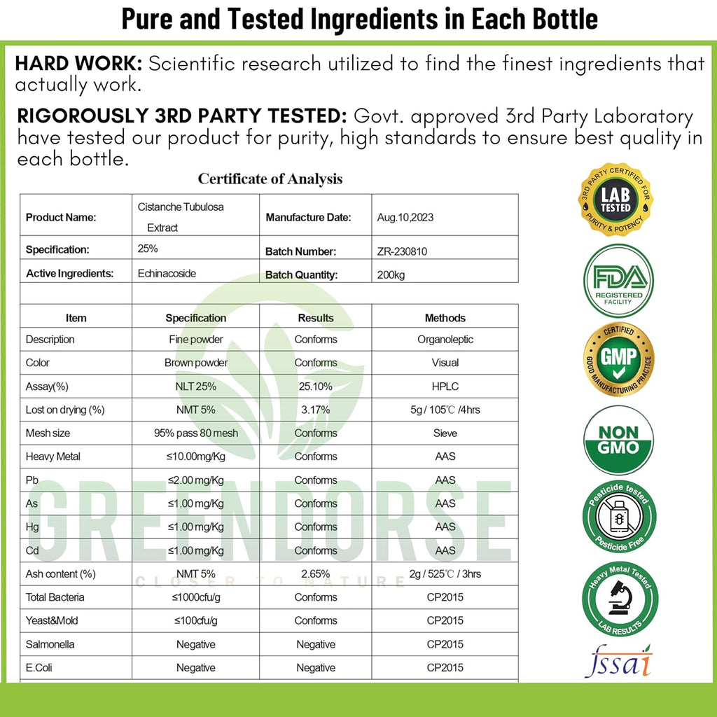 GREENDORSE Organic Cistanche Tubulosa standardised to 25% Echinacoside, 5% Acetoside with Kali Musli Extract 1000mg | 3rd Party Tested| For Strength, Performance, Vitality- 60 Veg Capsules