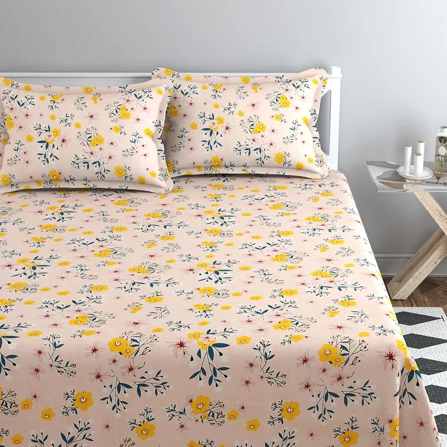 HomeKart Cotton 200 TC Proper King Size Bedsheet for Double Bed King Breathable for Summer with 2 Large Size Pillow Covers Without Joint Peach Yellow Flowers