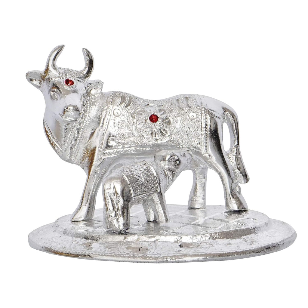 Ecraftindia Premium White Metal Decorative Kamdhenu Cow With Calf Figurine